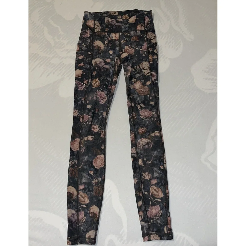 Lululemon Speed Up Tights Frosted Rose Multi Dark Floral 2 Pockets Size 2